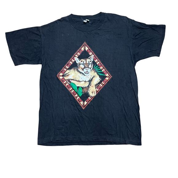 Vintage 90s Short Hills Tag Size XL Black Timber Mountain Lion Graphic T-Shirt - Picture 1 of 10